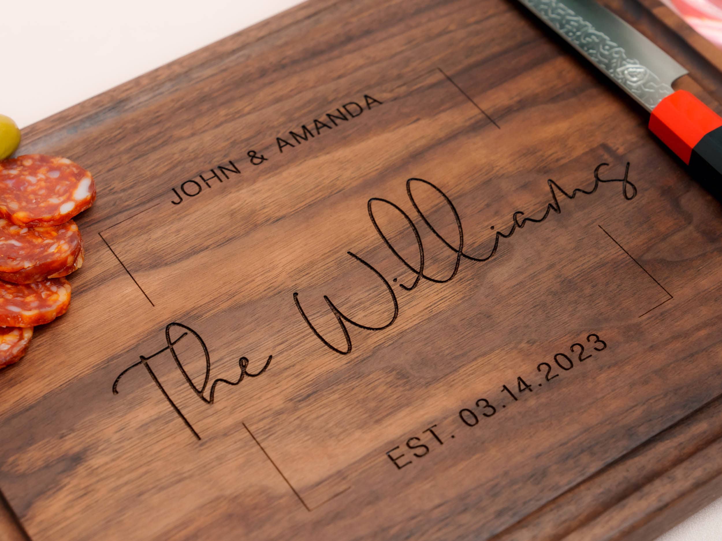Personalized, Engraved Cutting Board with Square Stamp Design for Housewarming or Wedding Gift #104 - Image 3