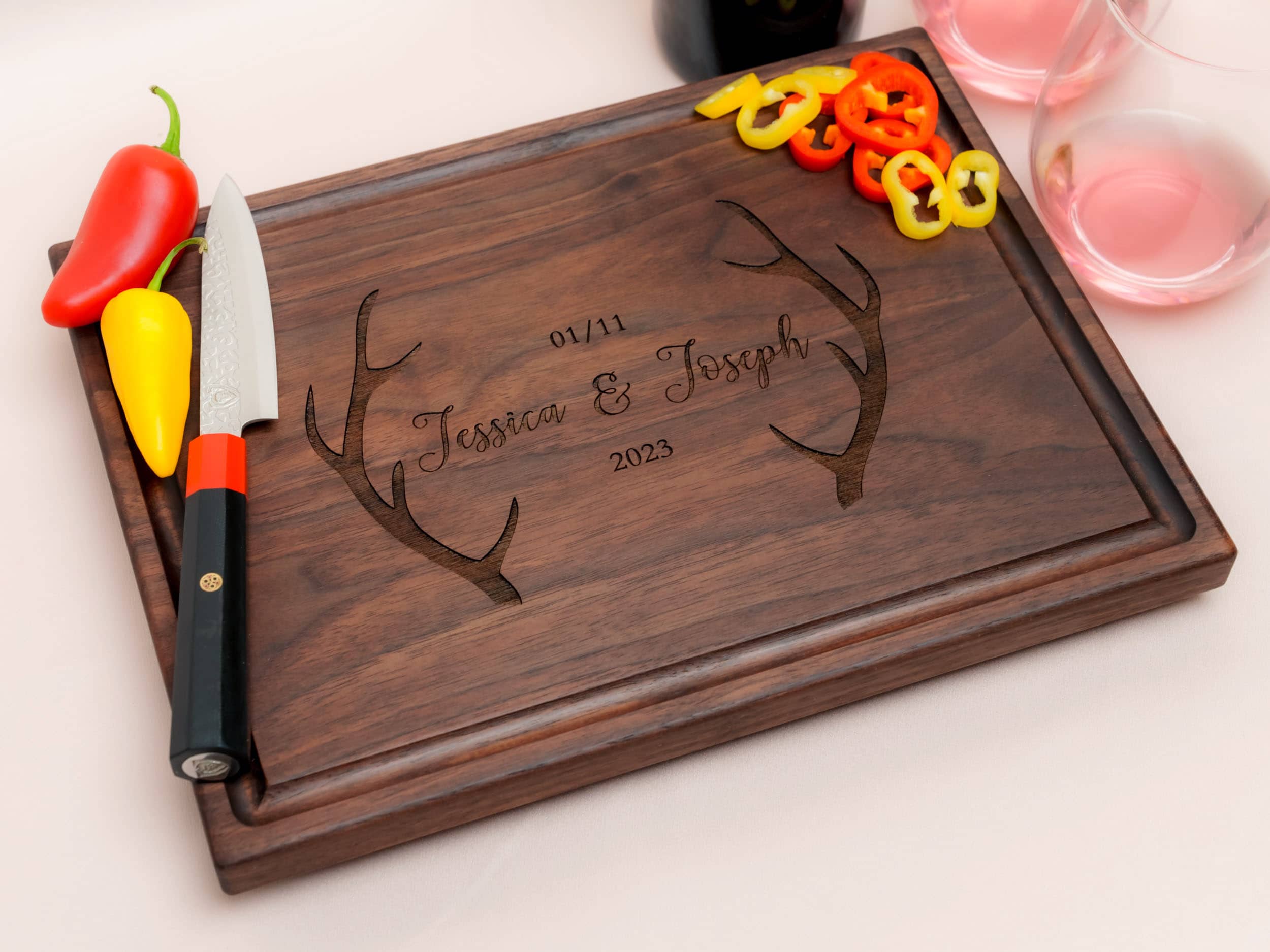 Personalized, Engraved Cutting Board with Rustic Deer Antlers Design for Housewarming or Wedding Gift #105 - Image 2