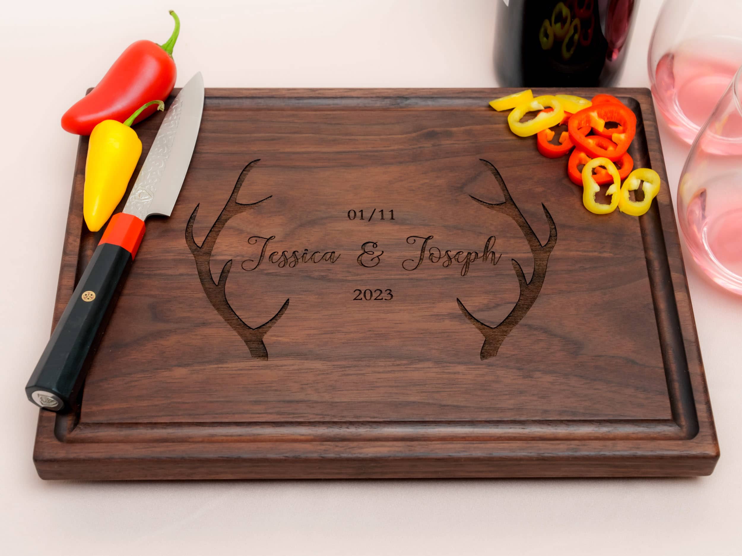 Personalized, Engraved Cutting Board with Rustic Deer Antlers Design for Housewarming or Wedding Gift #105 - Image 4