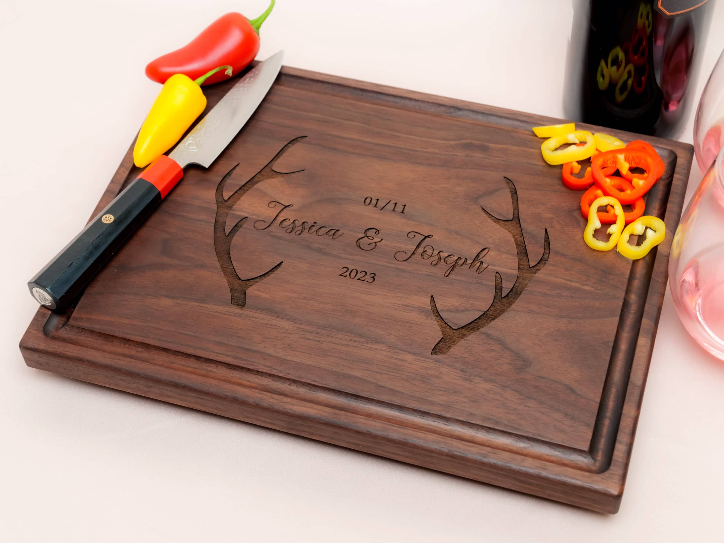 Personalized, Engraved Cutting Board with Rustic Deer Antlers Design for Housewarming or Wedding Gift #105 - Image 8