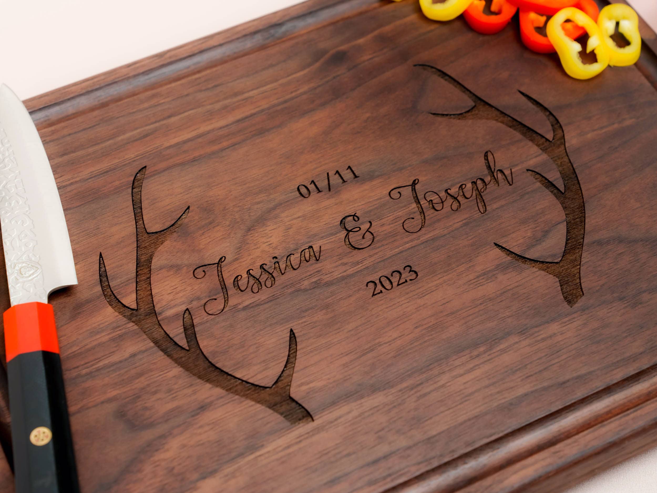Personalized, Engraved Cutting Board with Rustic Deer Antlers Design for Housewarming or Wedding Gift #105 - Image 3