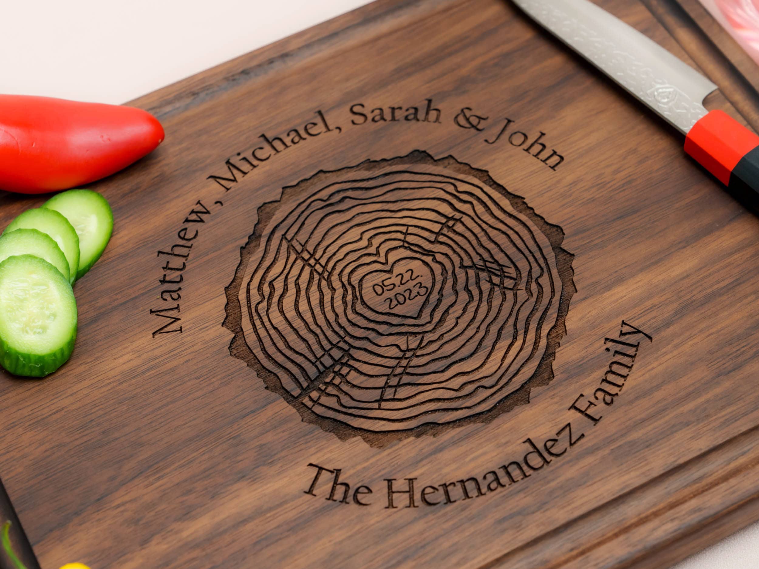 Personalized, Engraved Cutting Board with Rustic Family Tree Design for Housewarming or Wedding Gift #107 - Image 3