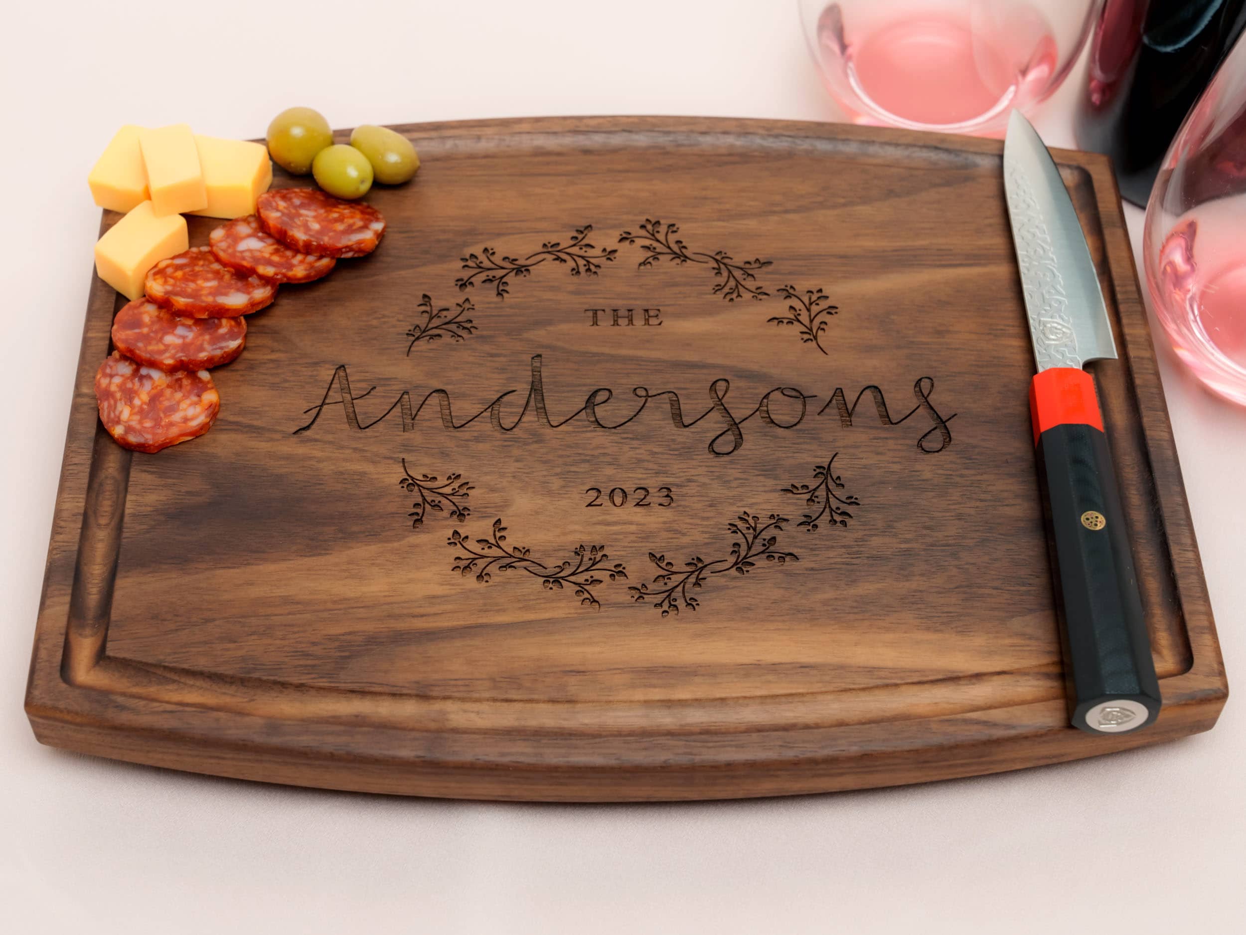 Personalized, Engraved Cutting Board with Cute Flower Wreath Design for Wedding or Engagement Gift #038 - Image 10